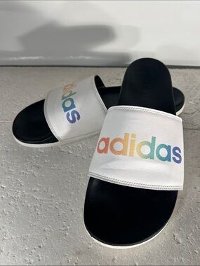 Adidas Mens SZ 13 White Slide Sandal Rainbow Logo Sporty Beach Sandal Poolside